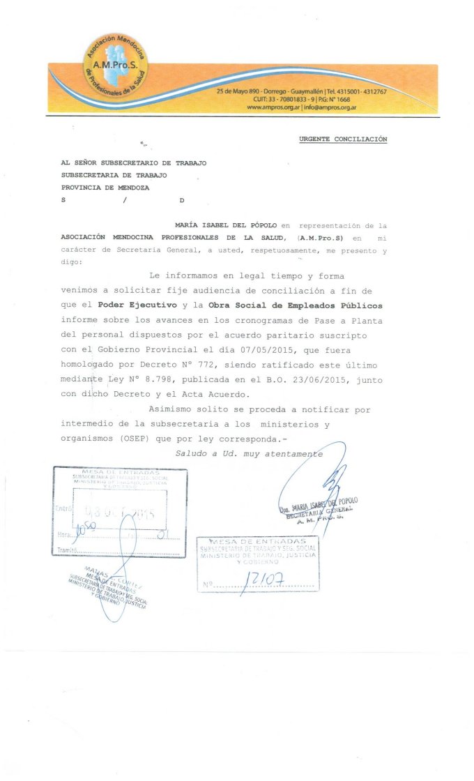 Acta presentada por la secretaria General MarÃ­a Isabel Del PÃ³polo al subsecretario de Trabajo 