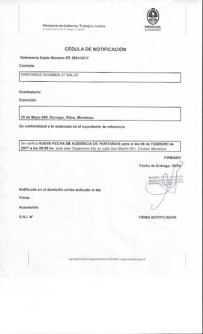 La notificaciÃ³n recibida por el gremio